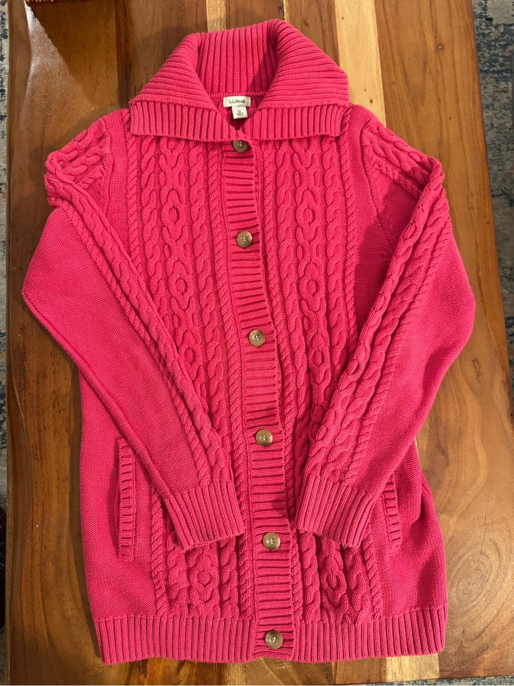 L.L. Bean Hot Pink Cable-Knit Button Cardigan